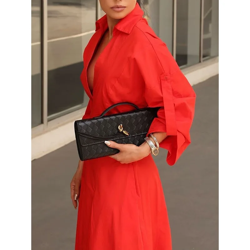 여성용 레드 100% 면 드레스 2025 A라인 플리츠 오피스웨어 브이넥 긴팔 기본 셔츠 드레스 여성 의류 179809