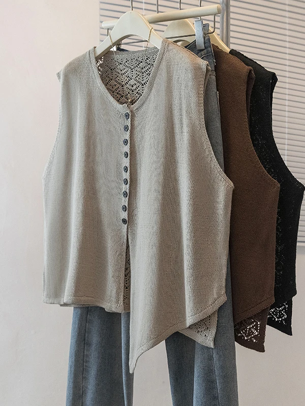 Casual Style Knitted Vest Irregular Hollow out Sleeveless round Neck Women's Spring Autumn Loose plus Size Layering Trendy
