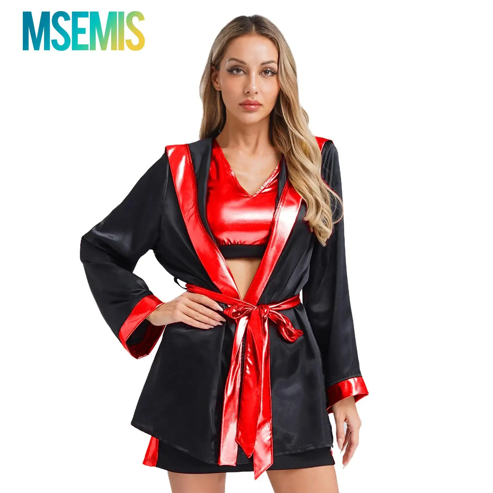 

4Pcs Women Boxer Costume Tank Tops with Skirt Hooded boxing Robe And Belt Set Muay Thai Boxer Outfit Cosplay Dress Up Costume