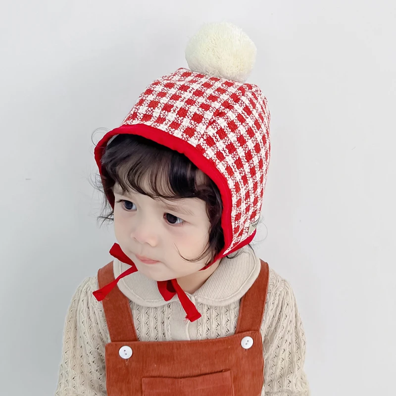 

Soft Thicken Warm Baby Ear Protection Hats Autumn Winter Plaid Pattern Kids Boys Girls Caps