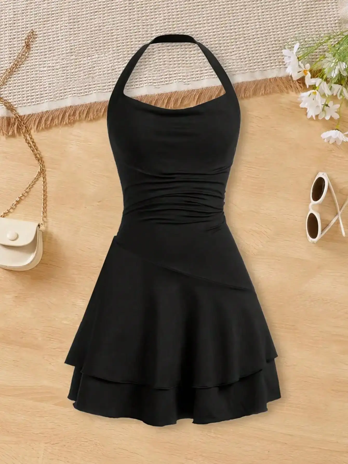 2026 girls' fashionable dress with waist cinching and slimming effect, backless cross tie dress, children's clothing    1