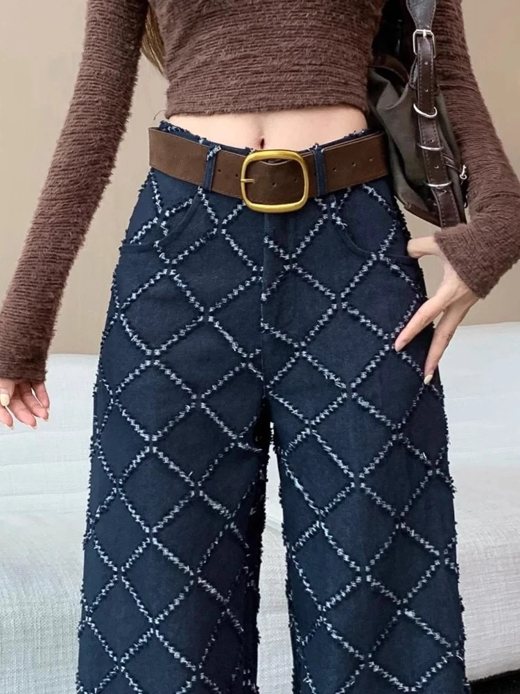 Damskie jeansy żakardowe w stylu vintage na jesień/zimę 2025, modne spodnie z wysokim stanem i szerokimi nogawkami, codzienne, uniwersalne, proste spodnie.