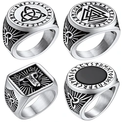 ChainsPro Stainless Steel Big Signet Rings for Men Women Norse Viking Runes Wolf Head Round Black Onyx Ring Size 7-14 Jewelry