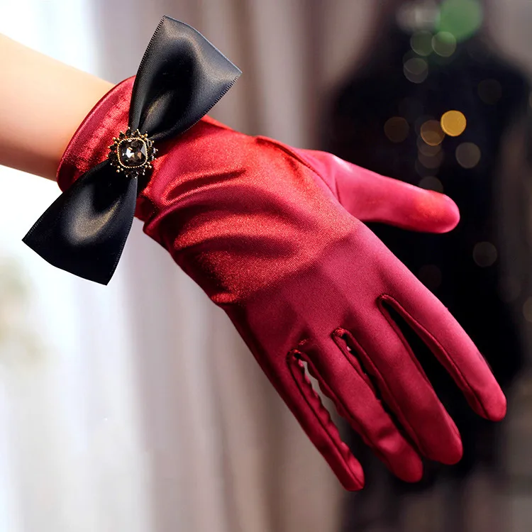 

Women's Elegant Bow Red Satin Glove Female Spring Summer Vintage Sunscreen Driving Photograph Party Glove R014