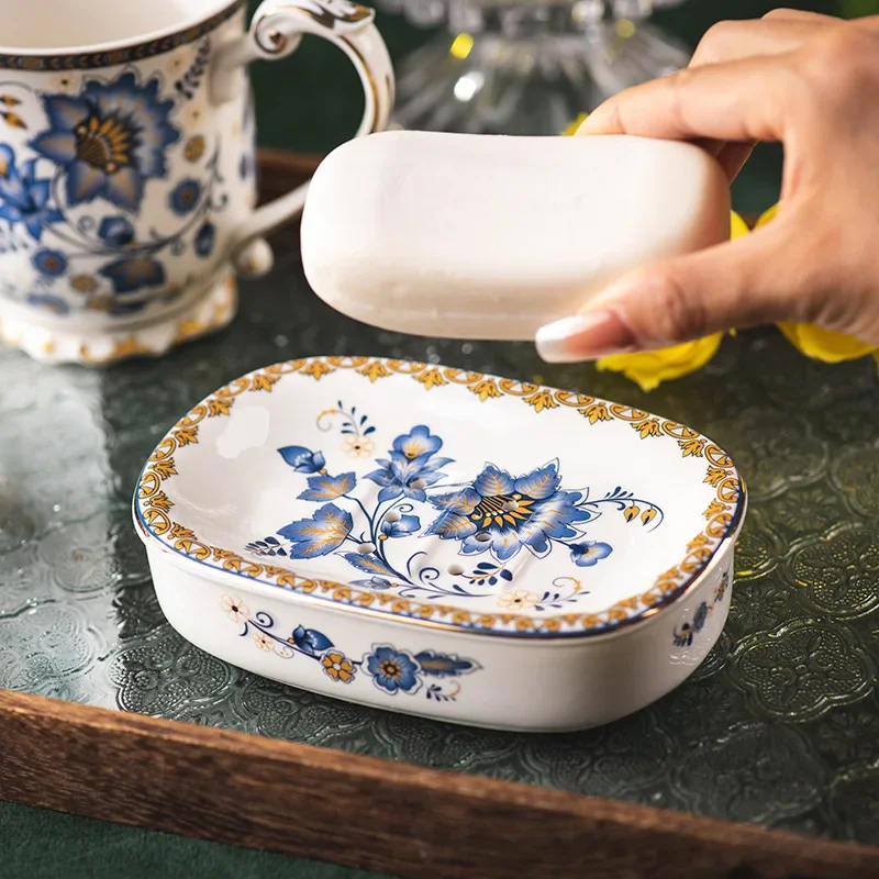 Creative Gold-plated Painted Flower Soap Dish Household Ceramic Drain Double Soap Box Storage Shelf Bathroom Accessories Modern