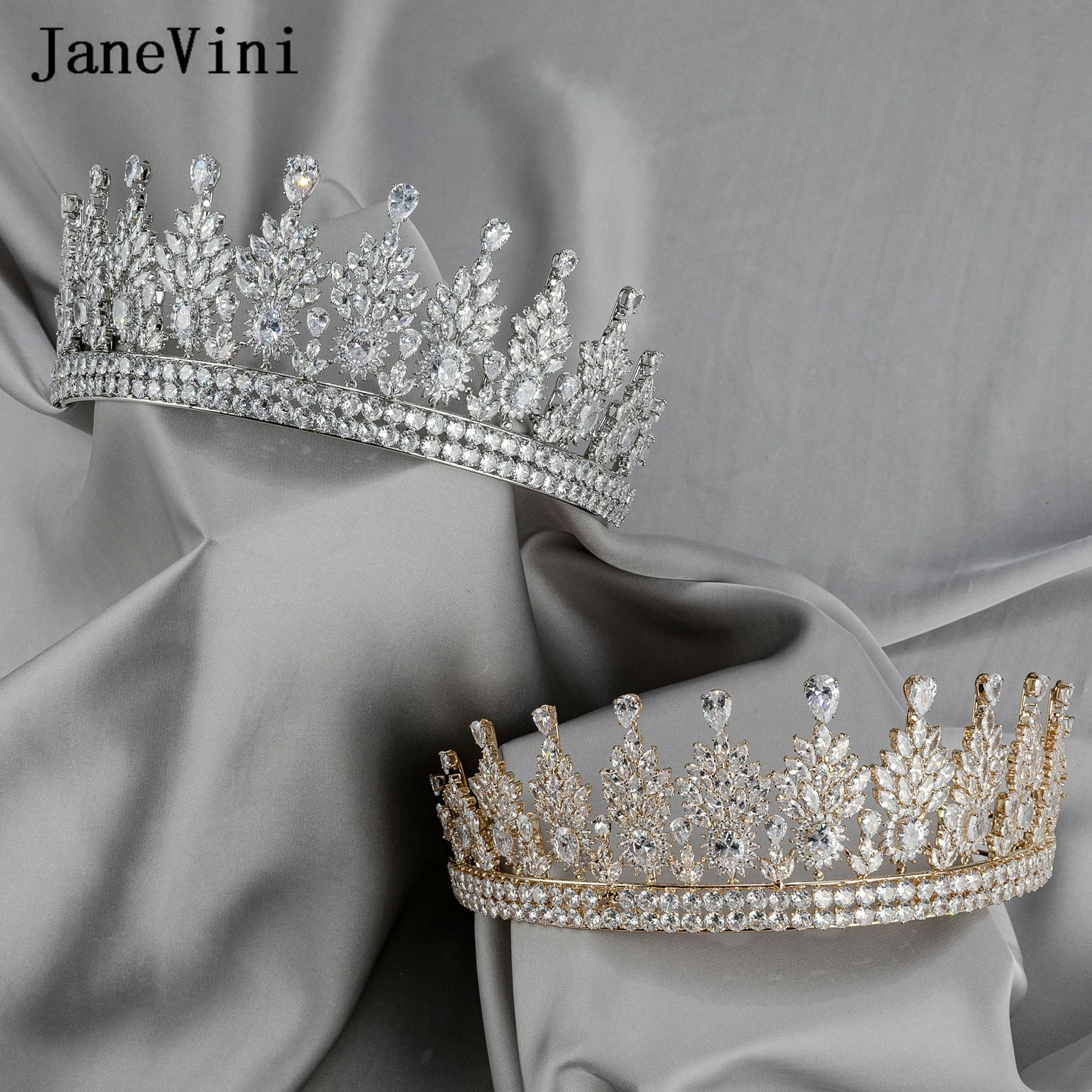 JaneVini Luxury Wedding Crowns Tiaras Zirconia Crystal Bling Rhinestone Bridal Diadem for Pageant Party Women Hair Accessories