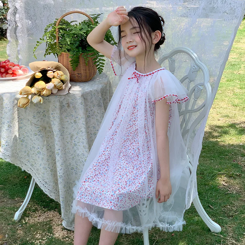 

Baby Girl Dress Children Floral Mesh Dress Summer Sweet Princess Dresses Big Girl Chinese Style Short Sleeve Lotus Leaf Dresses