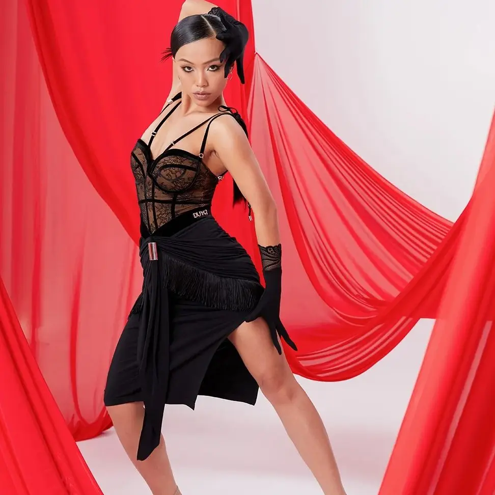 Sexy Vrouwen Jurk Latin Dansvoorstelling Kostuums Backless Jumpsuit Kwasten Rok Pak Chacha Rumba Latin Dans Jurk DN20860