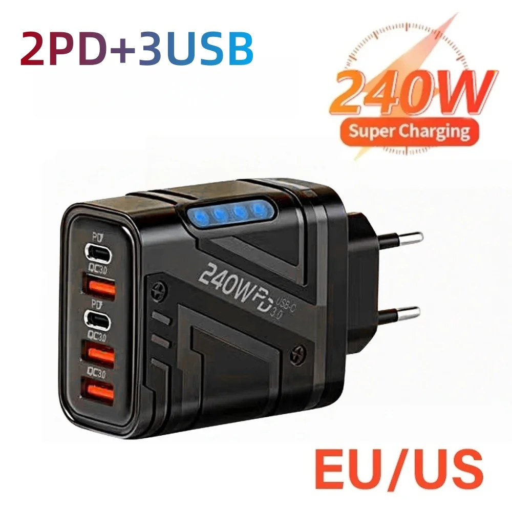 240W 5 Ports Type C Fast Charging Charger Phone Power Adapter EU/US Plug PD USB Travel Wall Charger For iPhone Samsung Xiaomi