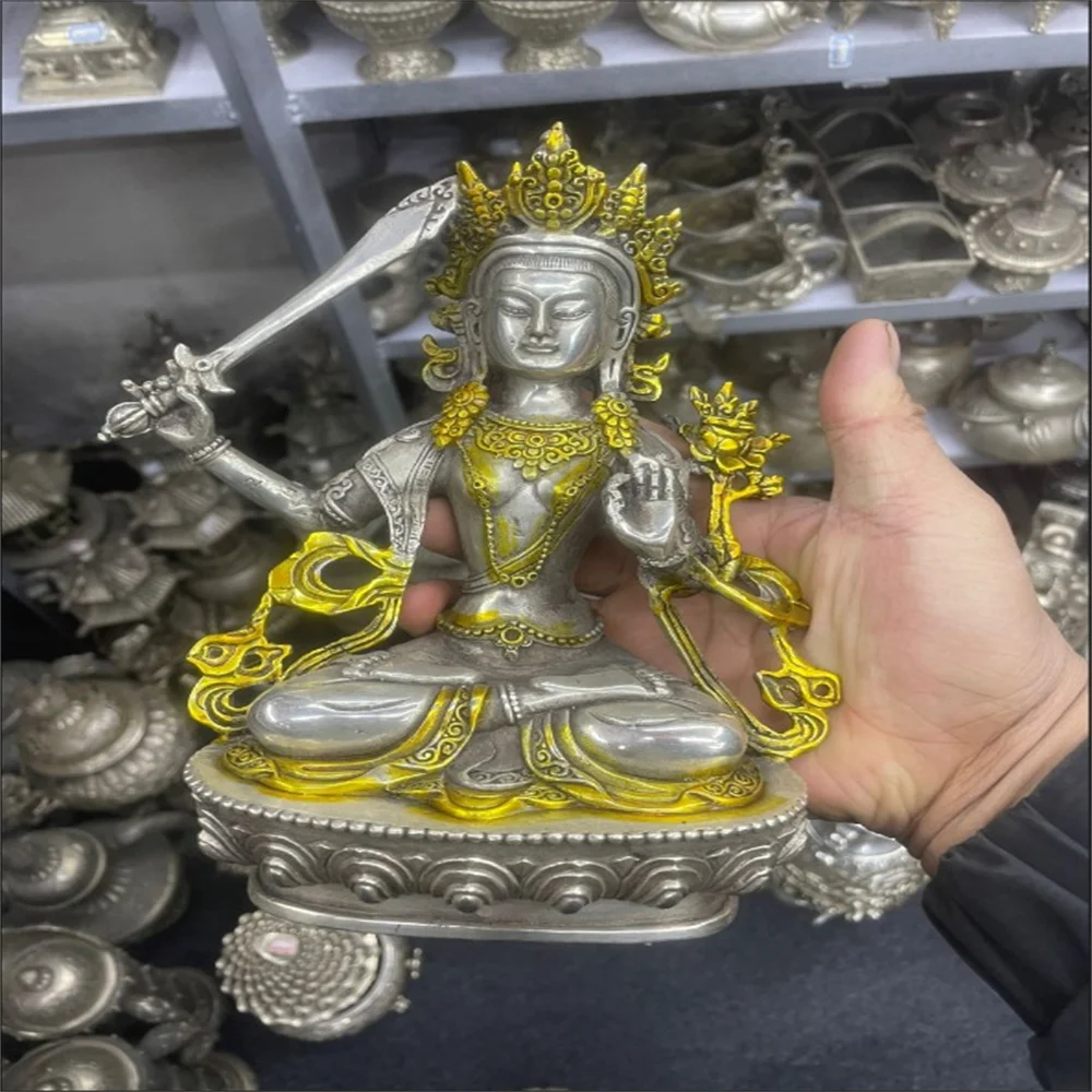 Chinese Antique Tibetan Silver Gold Plated Copper Buddhist Green Tara Statue