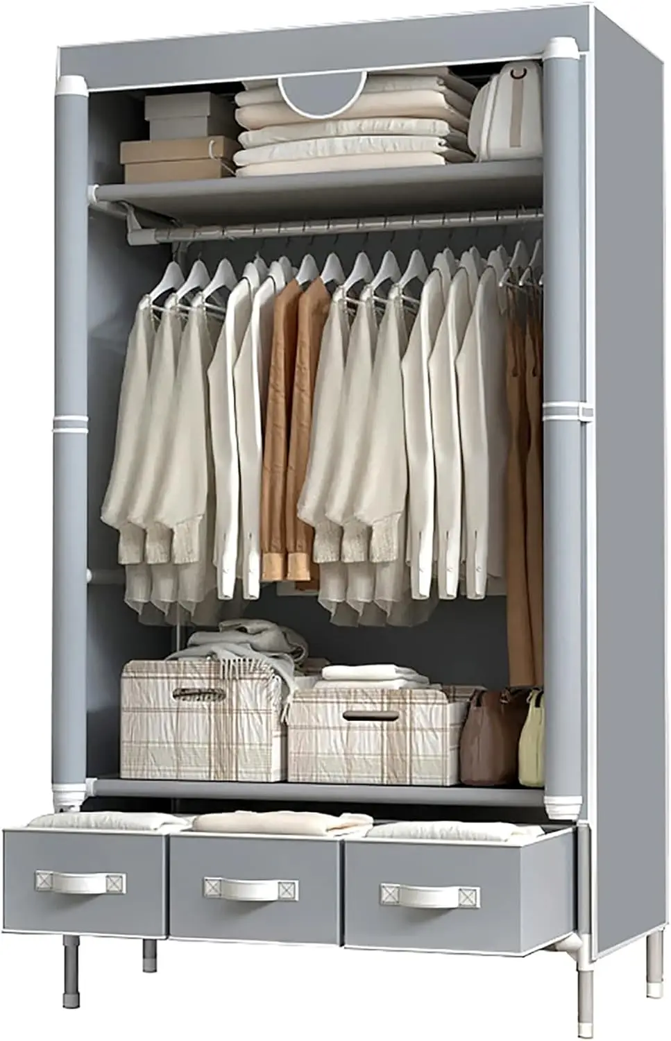 Clothes Closet Rolling Door Wardrobe with Hanging Rack Non-Woven Fabric Storage Organizer with Three Drawer Boxes No-To