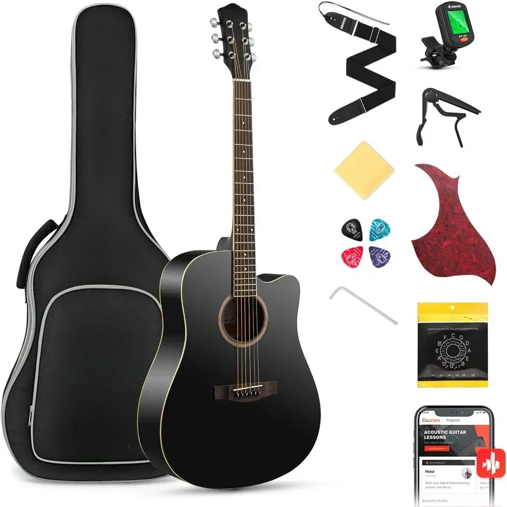 

Black Acoustic Guitar Kit Full Size Cutaway Starter Bundle Set with Gig Bag Strap Tuner Capo Pickguard String 4 Picks