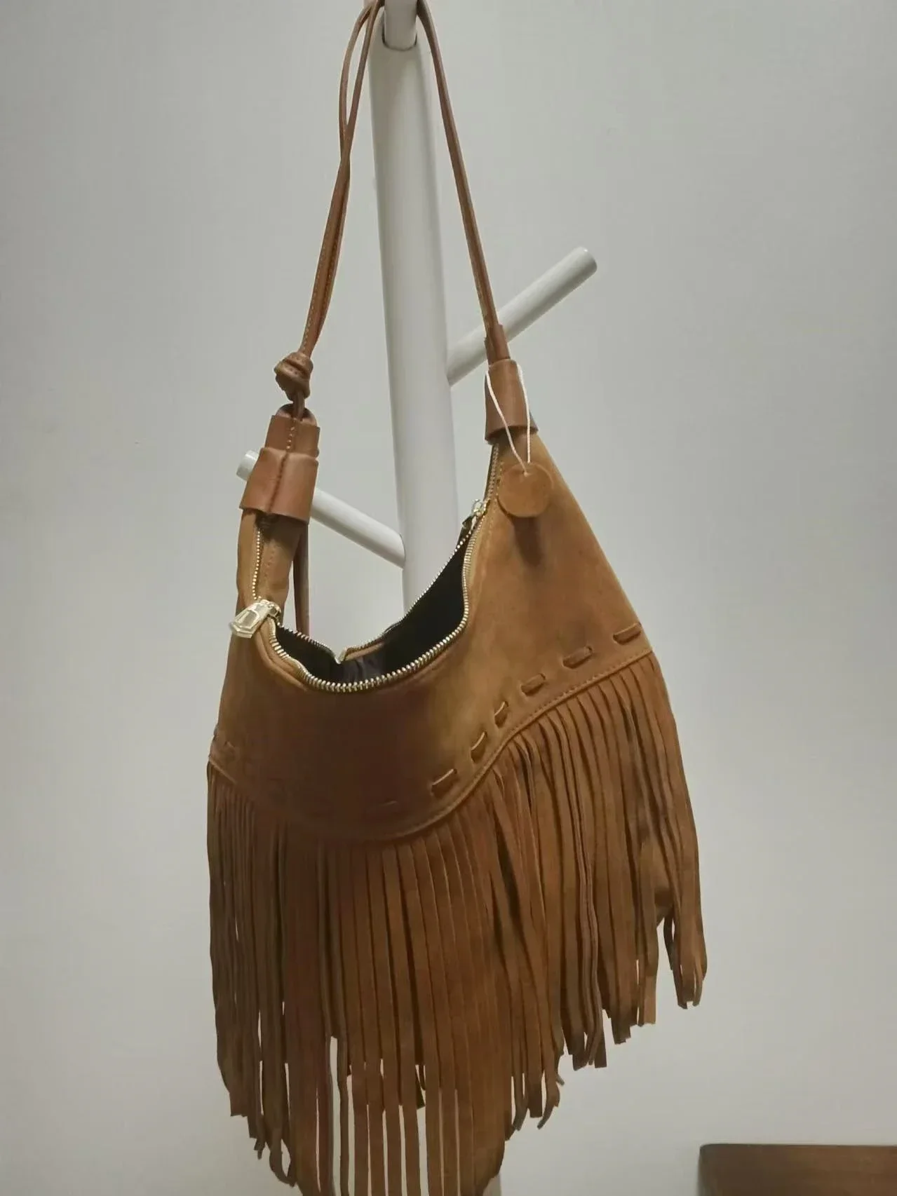 Women Genuine Leather Suede Fringes Shoulder Bag Hippie Gypsy Bohemian Boho Chic Vintage Retro Ibiza Nubuck Leather Side Bag