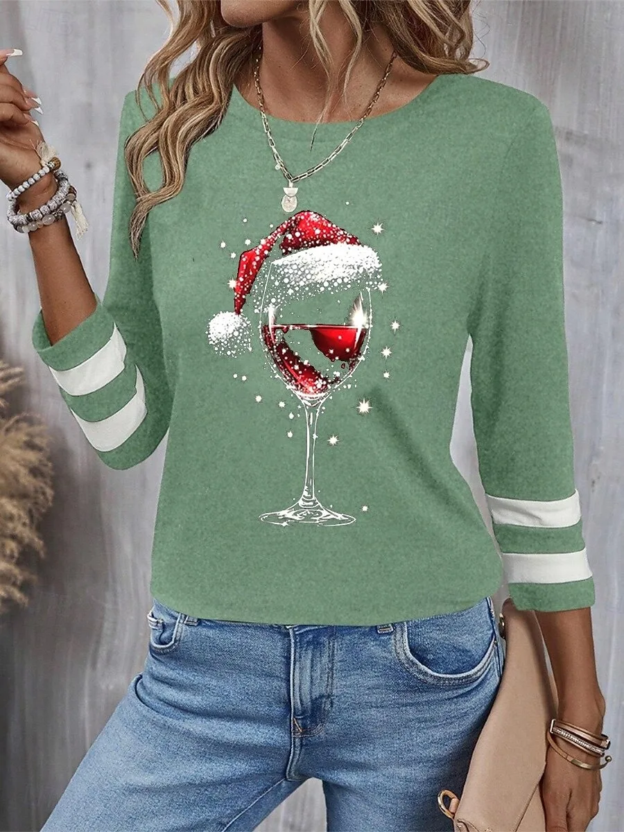 عيد الميلاد النبيذ الأحمر الزجاج 3D الطباعة المرأة طويلة الأكمام تي شيرت أزياء طاقم الرقبة اليومية مهرجان حزب عارضة الملابس النسائية #6