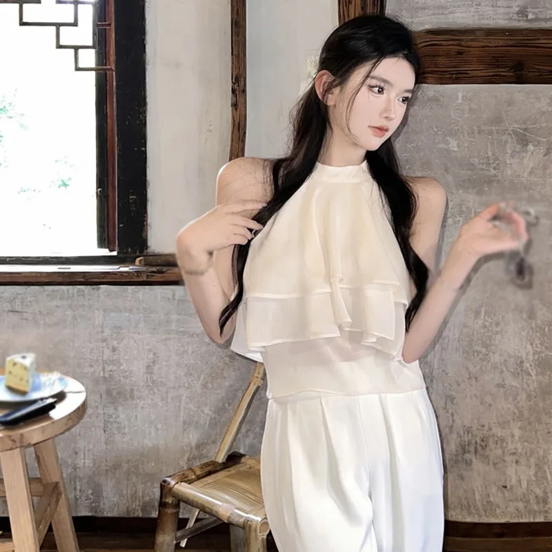 Women Ruffle Chiffon Tops Halter Shirt Off Shoulder Sexy Chiffon Blouse O-neck Sleeveless Chiffon Tanks Korean Casual Tank Tops