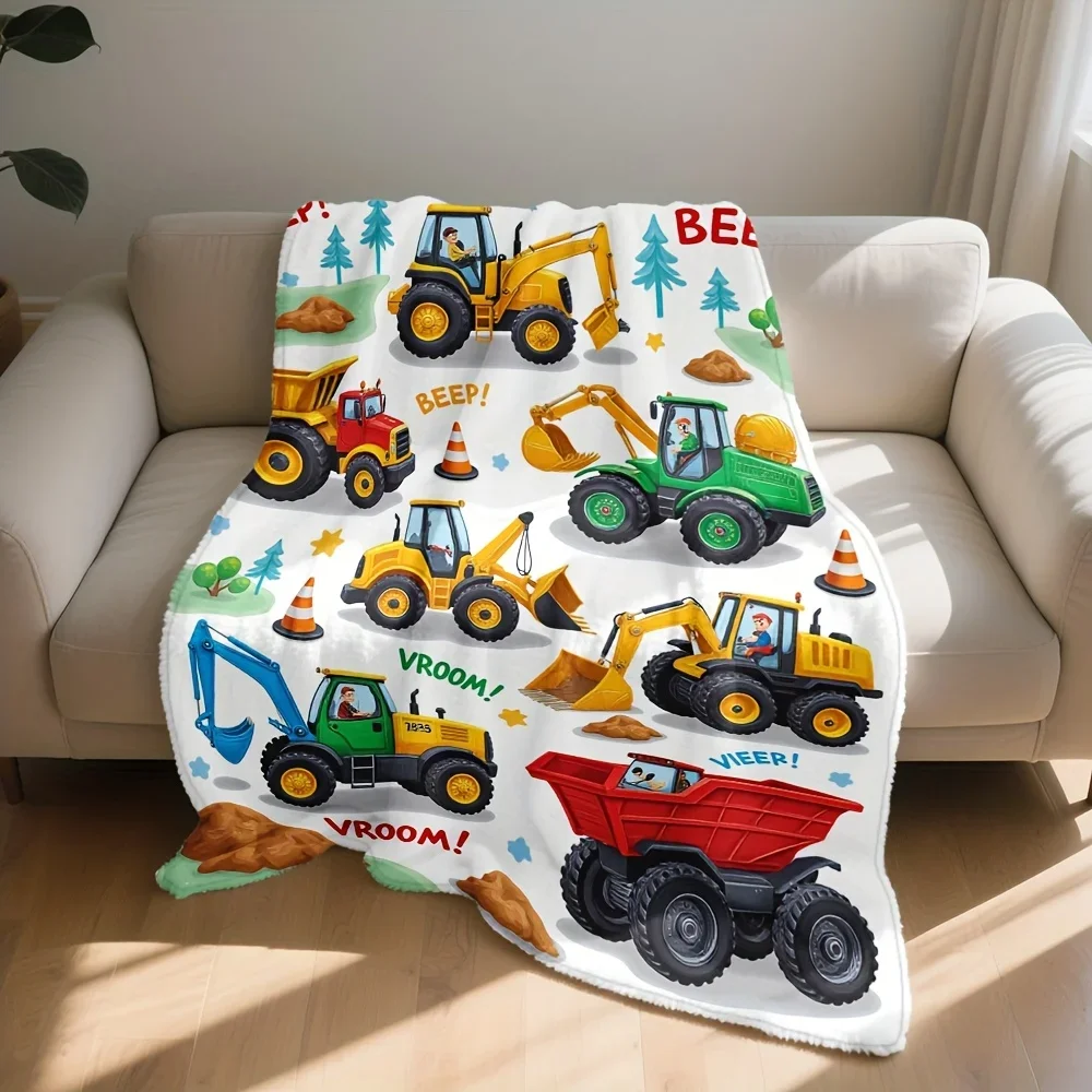 Boys Construction Vehicle Blanket Throw Cartoon Bulldozer Excavator Dump Truck 150x200cm Nursery Playroom Kids Gift Mat