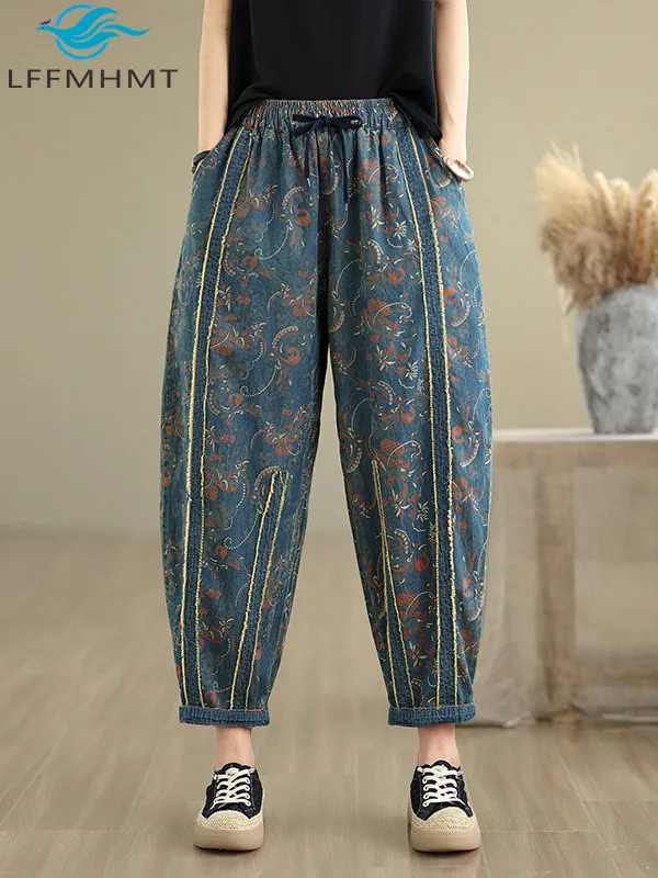 

Модные женские винтажные джинсы больших размеров: весенне-осенние, шикарные, с принтом, на эластичной талии, свободного кроя, повседневные укороченные брюки, уникальный дизайн