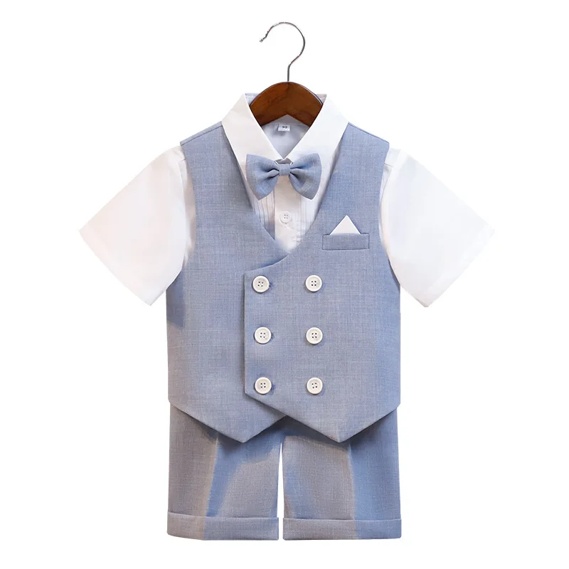 

Child Summer Short-sleeved Vest Set Boys Waistcoat Shorts Bowtie Outfit Kids Host Piano Performance Photography Costume