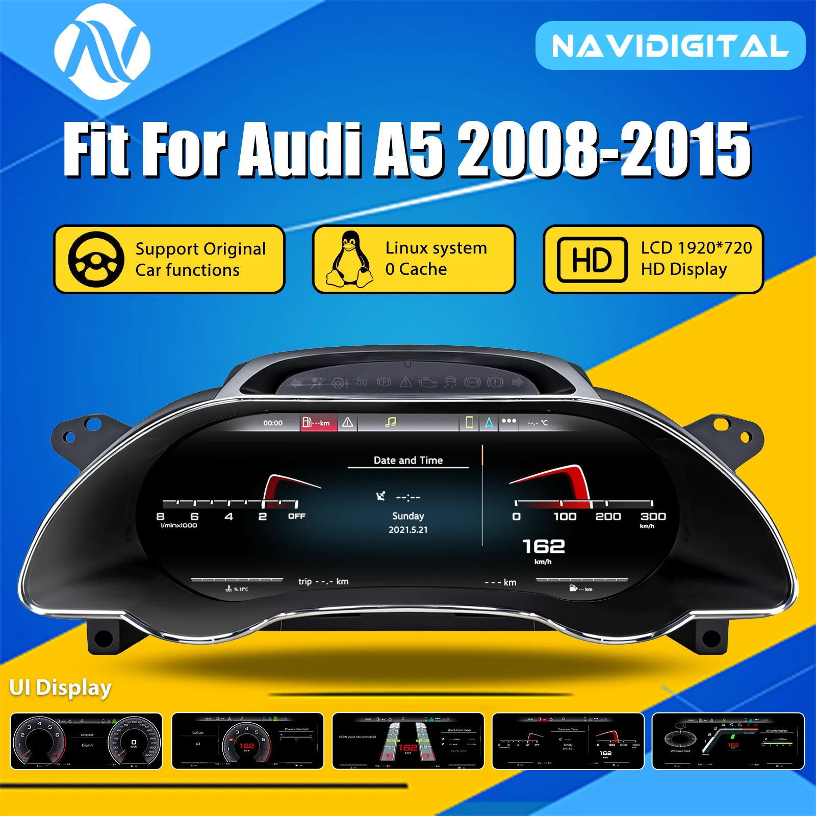Tableau de bord numérique pour Audi A5 2008-2015, cockpit virtuel, compteur de vitesse, panneau d'instruments