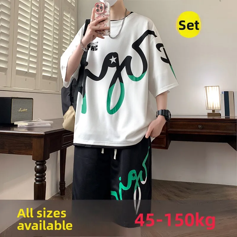 

Летняя свободная мужская футболка и комплект ort Sve из ледяного шелка, повседневная спортивная одежда, комплект из двух предметов, фиолетовый Faionable, большие размеры