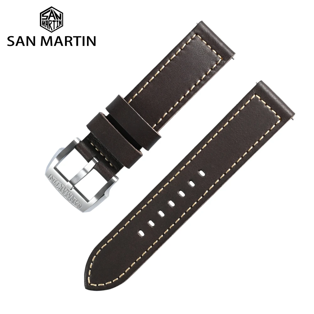 San Martin Watch Strap 20mm 23mm Baha Calfskin Leather Watchband Ebenine Rough Western Band Bronze Steel Buckle Quick Release