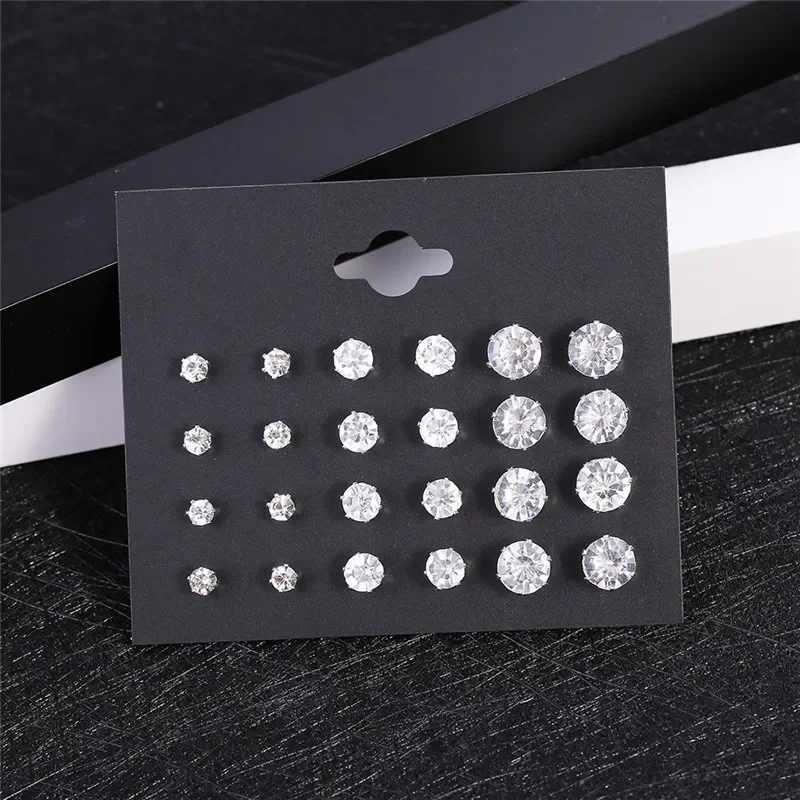 12pair Classic Simple Silver Color Crystal Stud Earrings for Women Luxury Shiny Zircon Men Earring Pearl Jewelry Set Gift