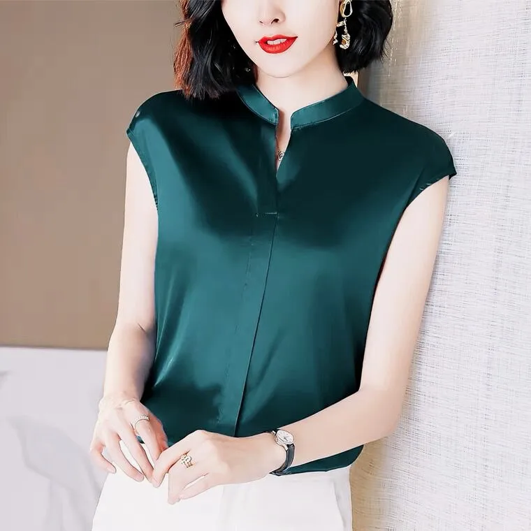 Summer Office Lady Silk Satin plus size korean streetwear Shirt Women's stand V Neck Solid Color Elegant Blouses roupas