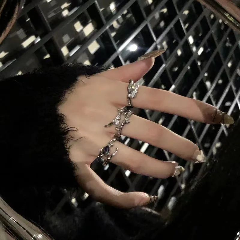 3 Stück/Set, unregelmäßiges Ring-Set in Silberfarbe mit Kristallen, Vintage-Zirkon-Edelstein, offener Ring für Damen, modischer Party-Schmuck, Accessoires. – Detail 3