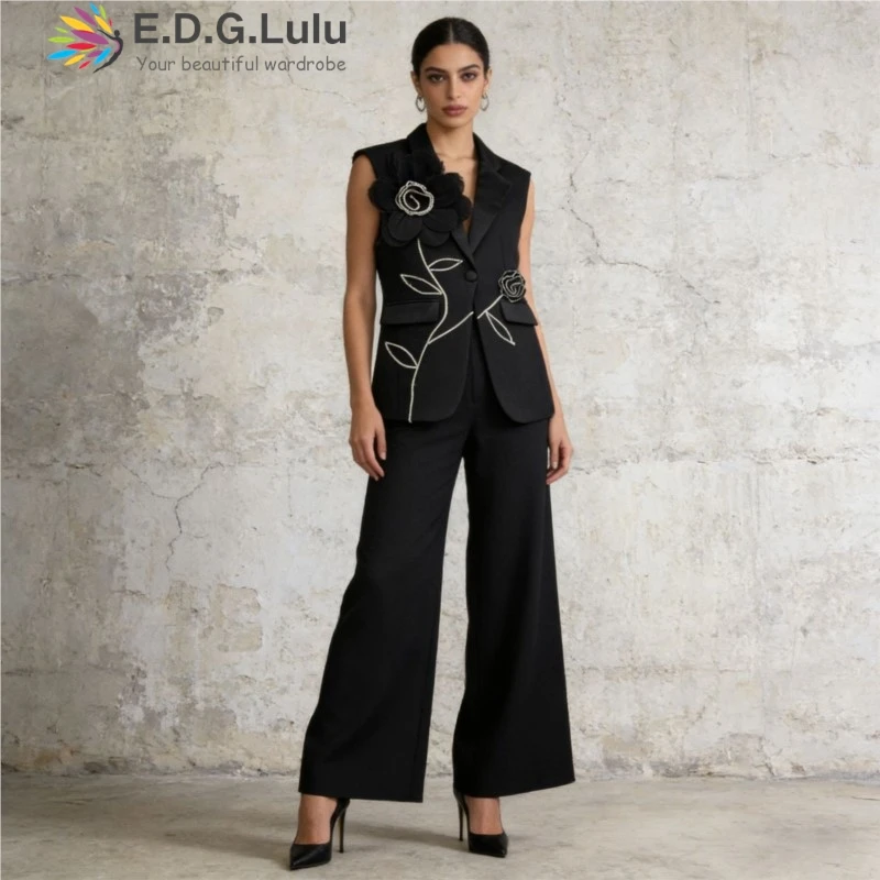 EDGLuLu Women Elegant Celebrity 3d Flower Patchwork Vest Suit Coat+High Waisted Wide Leg Pants 2 Piece Set Outfit 0412
