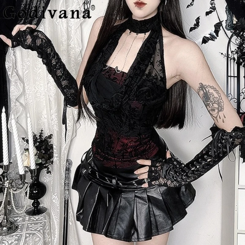 

Personalized Street Goth Sexy Backless Lace Chain Sling Vest Women's Dark Sexy Slim Fashion Versatile Sleeveless Halter Neck Top