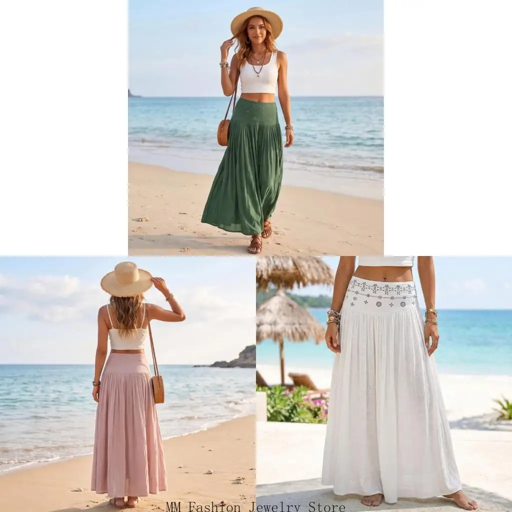Skirts for Women Linen Maxi Skirt Flowy Pleated Skirt A-Line Beach Skirts Bohemian Resort Wear D0UB