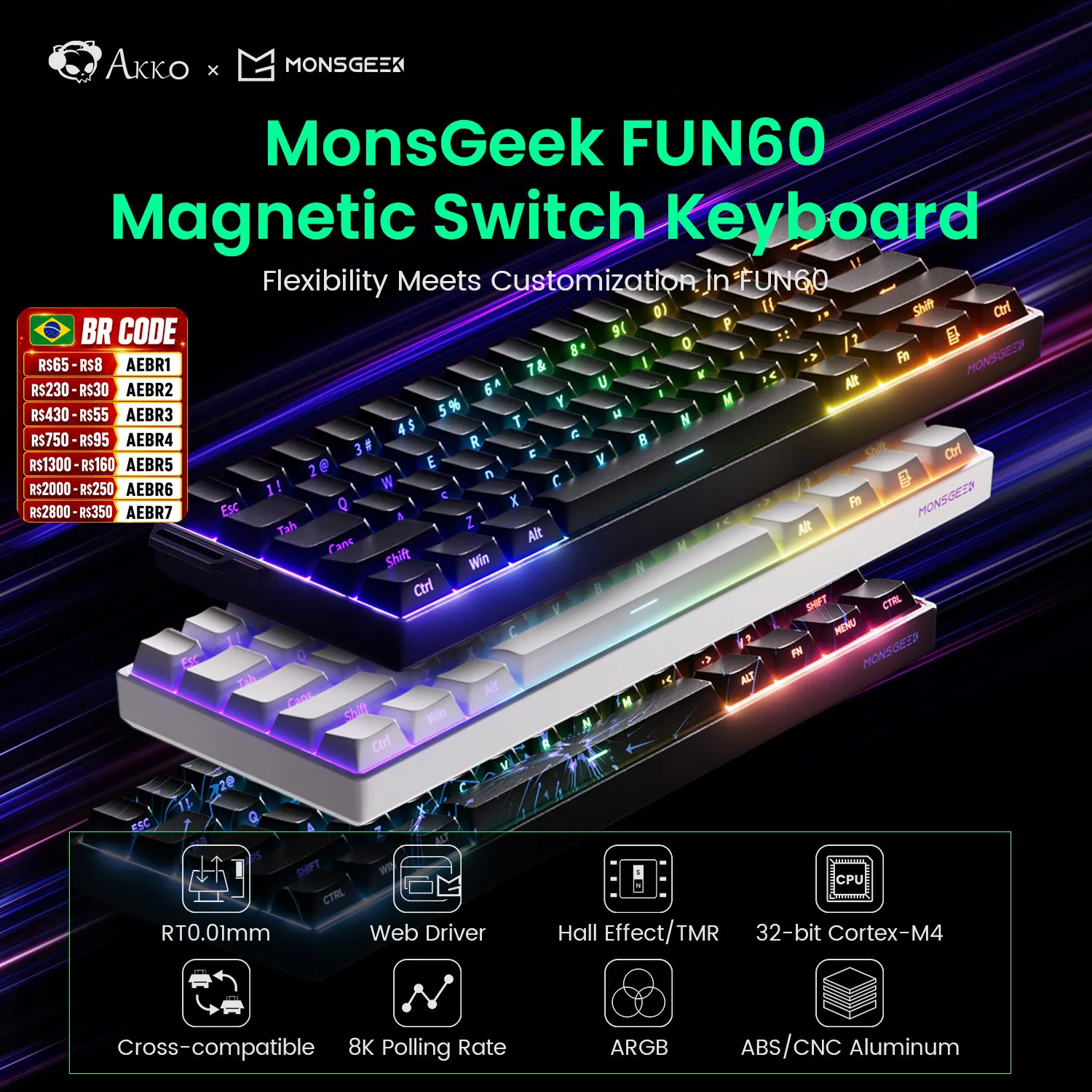 Akko MonsGeek FUN60 Mechanical Keyboard Magnetic Switch 60% Gaming Keyboards Rapid Trigger 0.01mm 8K ARGB HE/TMR Custom Keyboard
