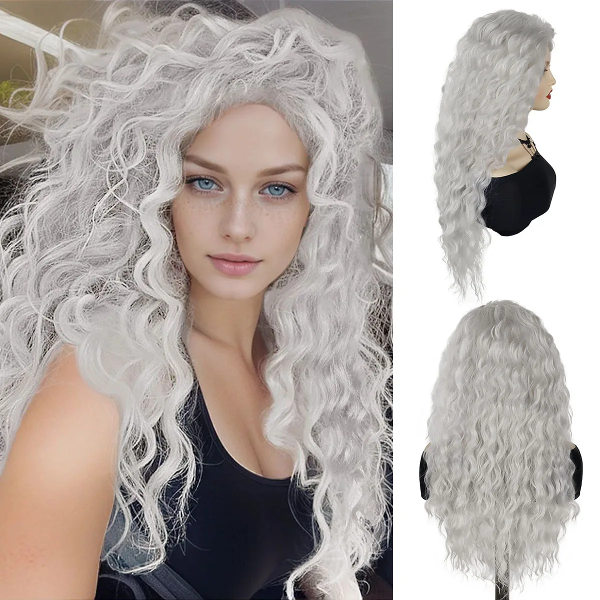 

Syntheitc Wigs for Women Light Grey Wig Natural Long Curly Wig Water Wavy Cosplay Wigs Thick Hairline Fluffy Hair Costume Wig