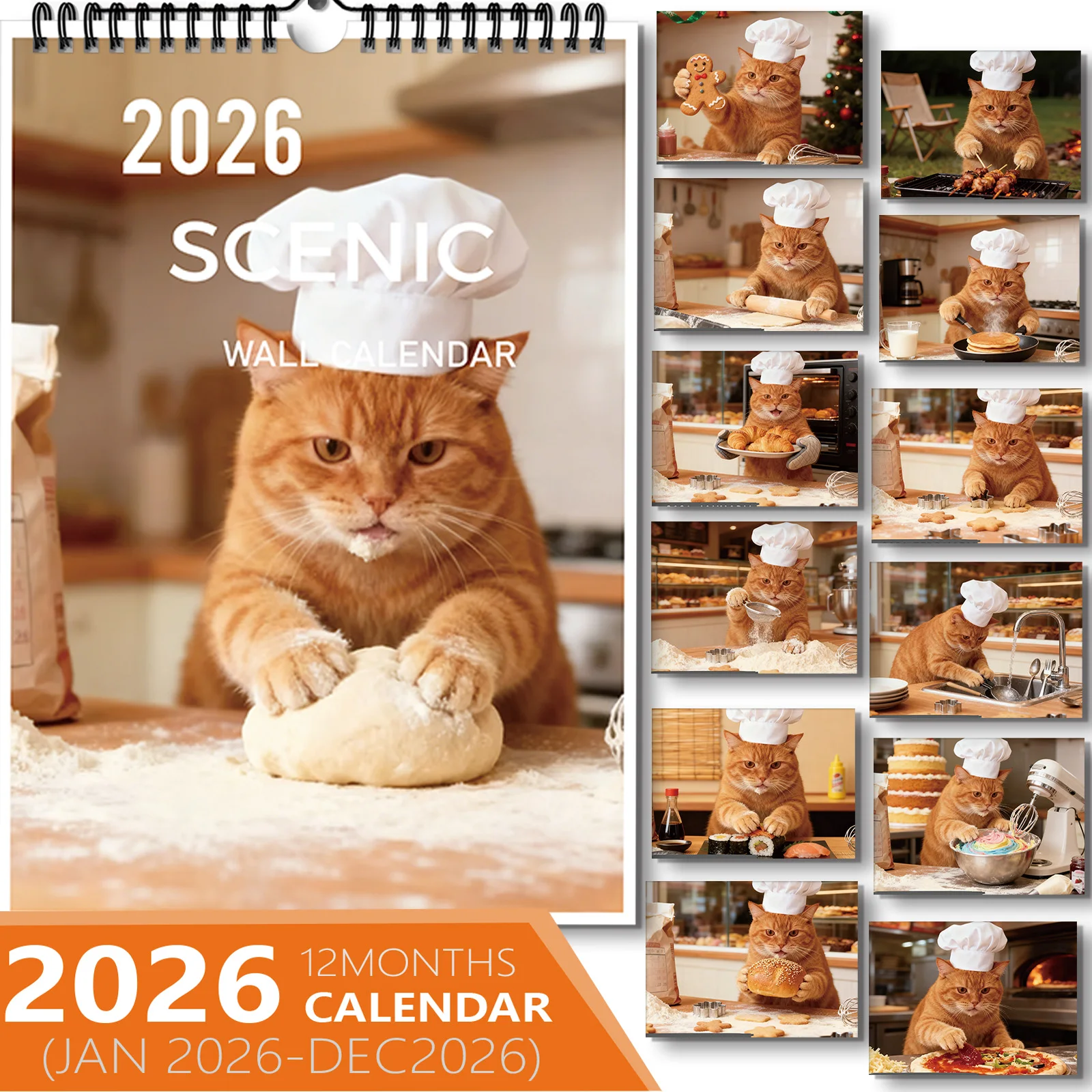 

1PC Adorable Chef Cat Themed 2026 Scenic Wall Calendar, Fit For Kitchen Living Room, Great For Cat Lovers,Nice New Year Present