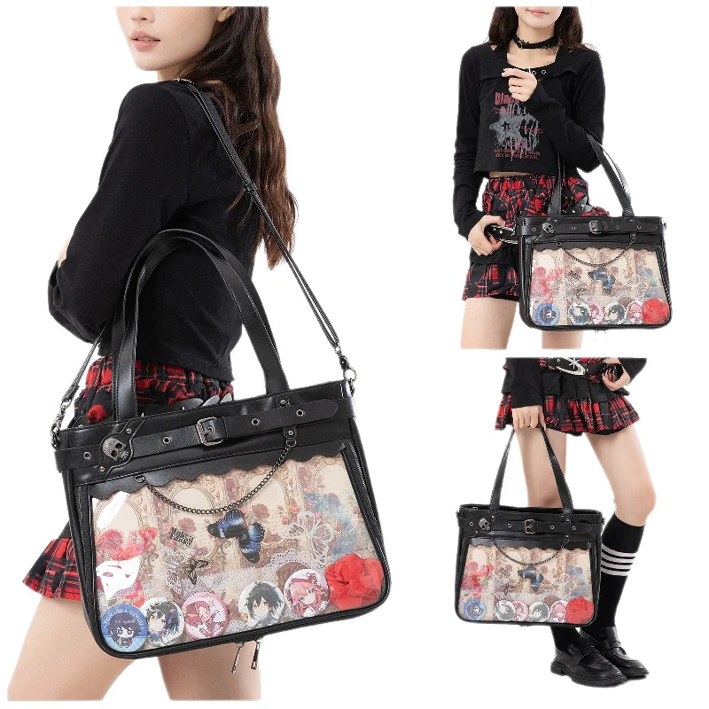 Gothic PU Leather Ita Bag, Skull Rivet Decor Tote with Clear Window Vintage Butterfly Rose Shoulder Bag for Pins Display
