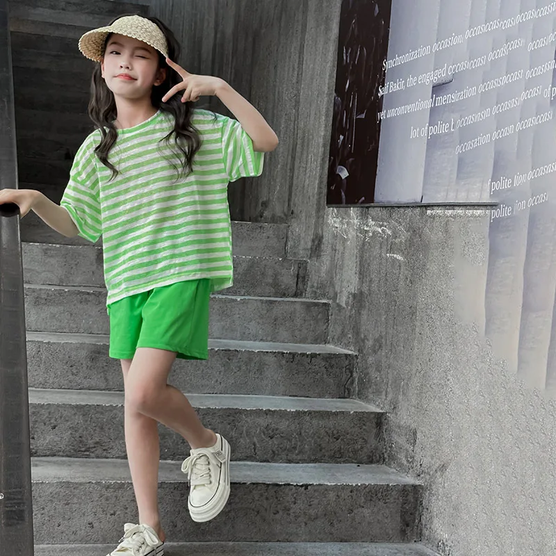 

Girls Suits Short-sleeved Striped Suit Summer 2024 New Children Korean Version Foreign Leisure Sports Two-piece Children Suit