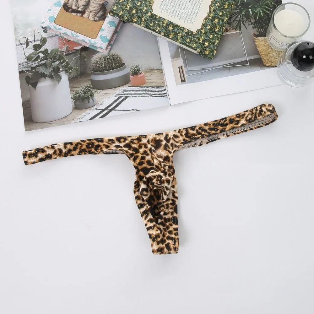 Comfortable T-back Leopard Thong U Bulge Pouch Lingerie Leopard Print Briefs Low Waist Men Panties Home Wear