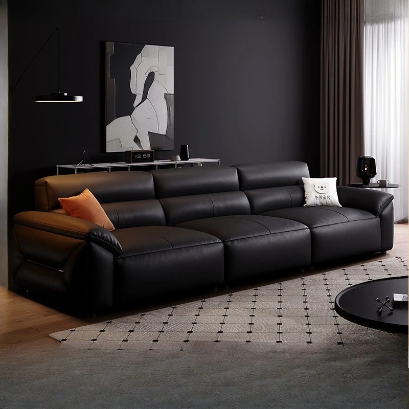2026 new living room premium big black cow black tofu block leather sofa