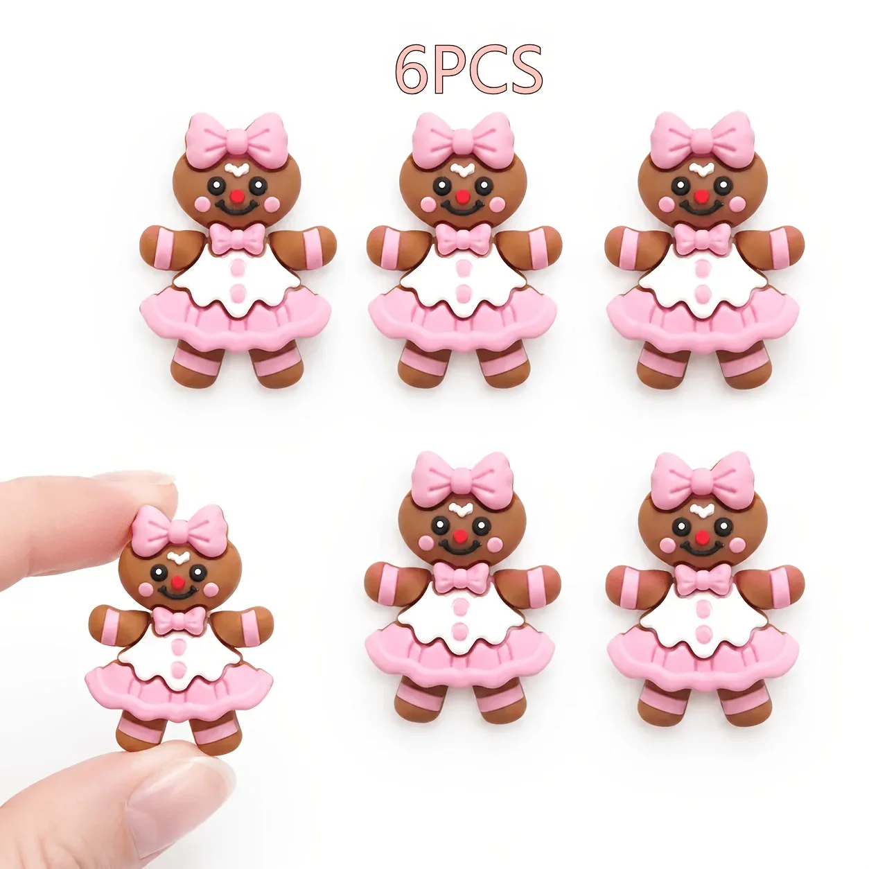 6Pcs Cartoon Gingerbread Girl 3D Silicone Focal Beads, Cute Bow Skirt Through-hole Beads for DIY Beaded Craft Accessories