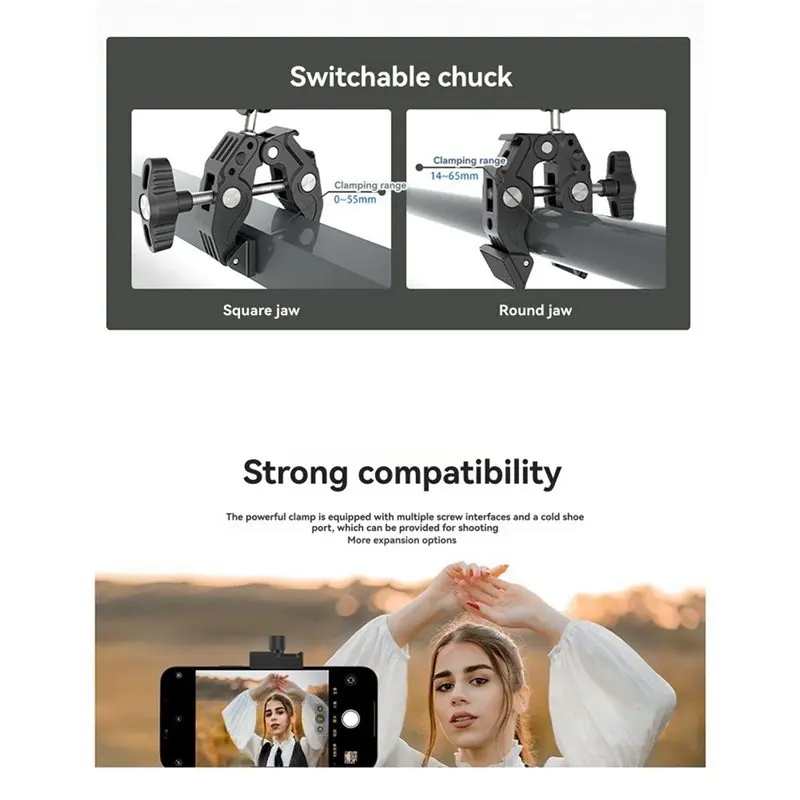 B92B 4X Super Clamp Articulating Magic Clip 360° Dual-Head Aluminum Alloy for Umbrella Monitor LED Light Action Camera