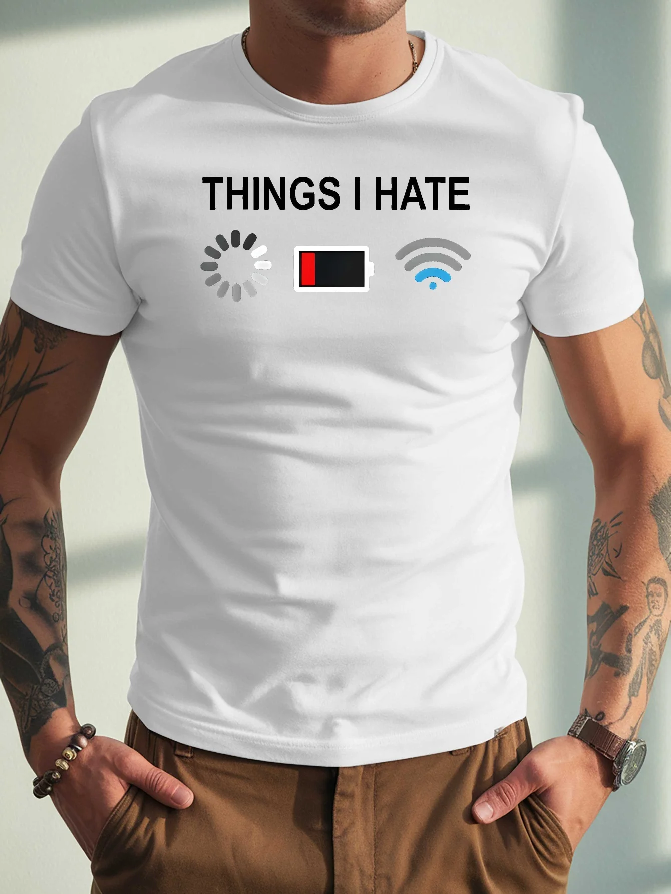 Men Short Sleeve Crew Neck Tee Funny Things I Hate Loading Battery Wifi Graphic Print Casual T Shirt Summer Daily Fashion Tops