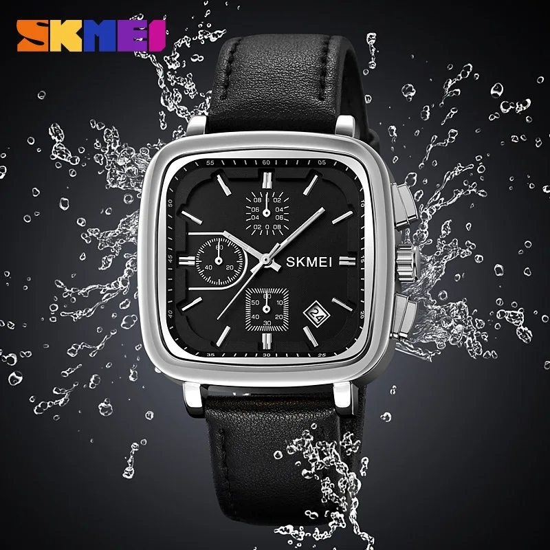Square Men's Watch Quartz Waterproof Leather Strap Fashion Men's Watch Large Dial Multifunction Gifts 2182