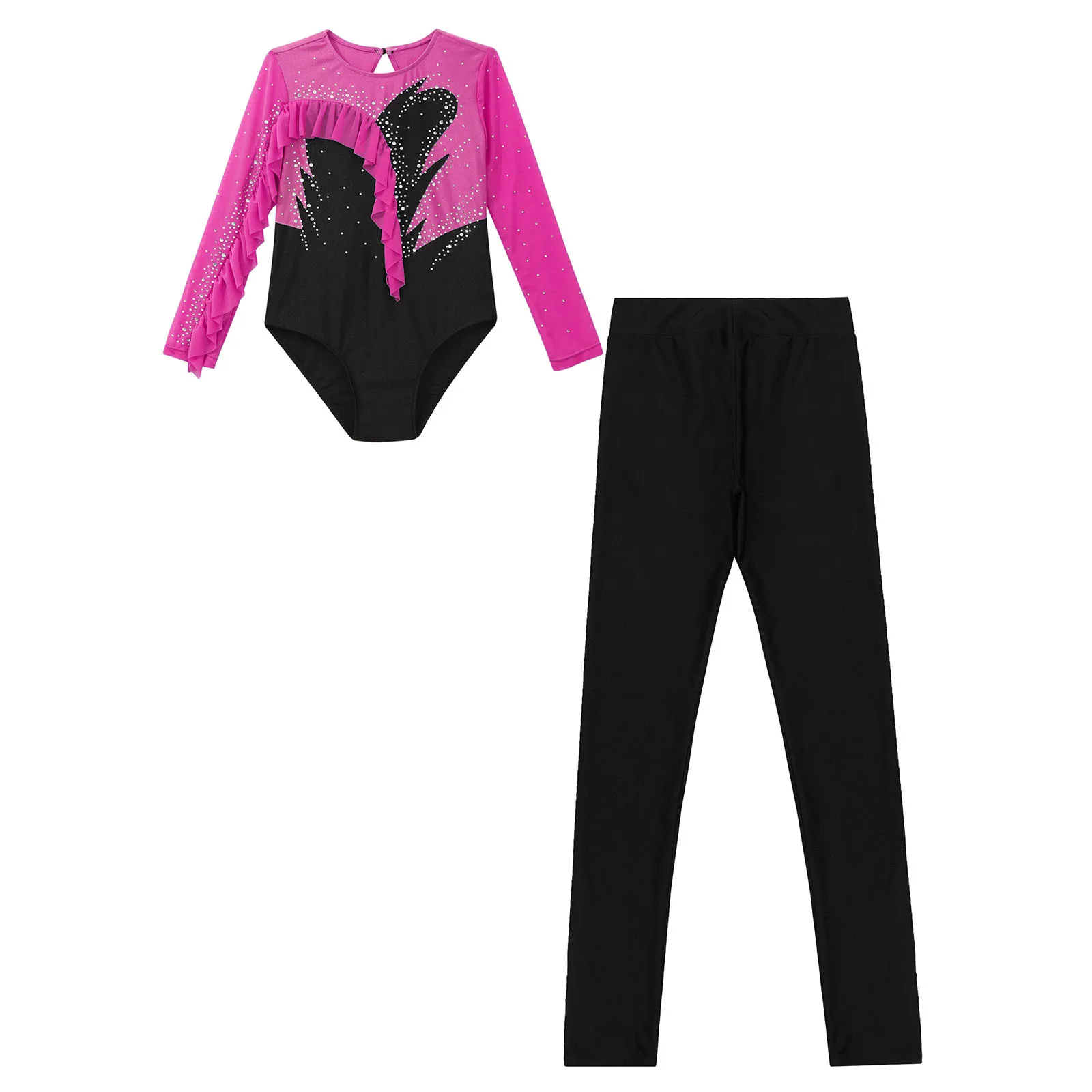 Kids Girls Gymnastics Jumpsuit Ballet Dance Outfit Children's Skating Leotard with Gymnastic Leggings Long Sleeve Dancewear Sets