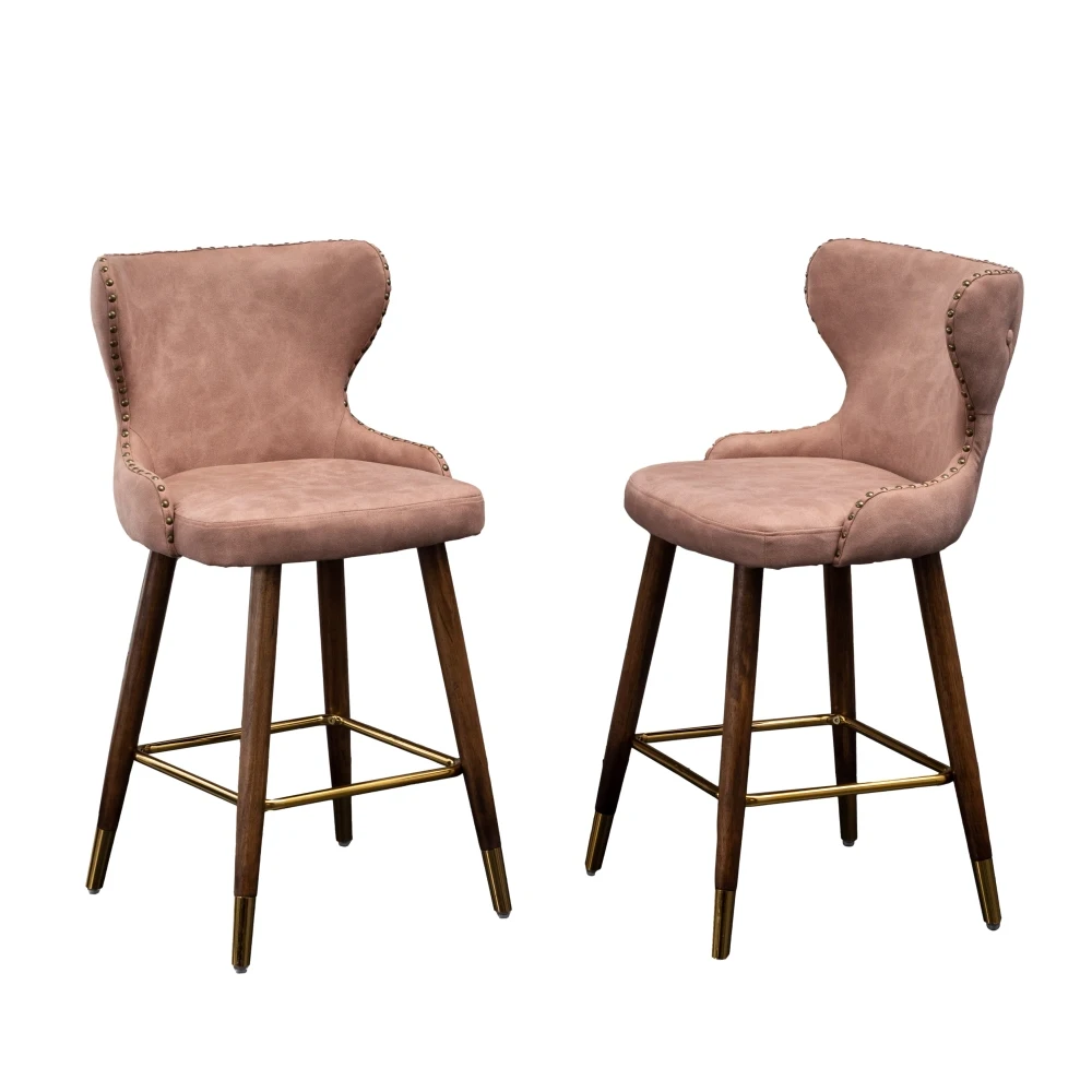 

Mid-century Modern Faux Leather Tufted Nailhead Trim Counter Stool Set of 2, Pink