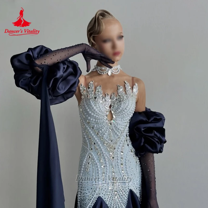 2-tone Matching Social Dance Pearl Decoration Elegant Dresses Custom Adult&Child Waltz Tango Perform Clothing Dancer's Vitality