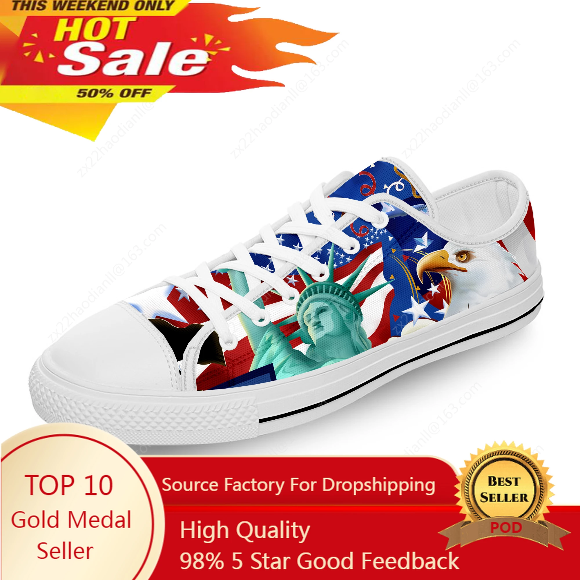 USA American Flag Eagle Hot Cool White Cloth Fashion 3D Print Low Top Canvas Shoes Men Women Lightweight Breathable Sneakers