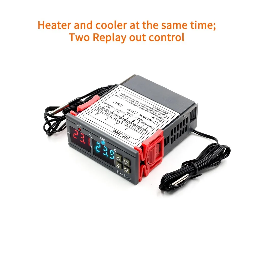 STC 3008 Doppio regolatore di temperatura digitale Due uscite relè 12V 24V 220V Termoregolatore Termostato Riscaldatore Dispositivo di raffreddamento Doppia sonda