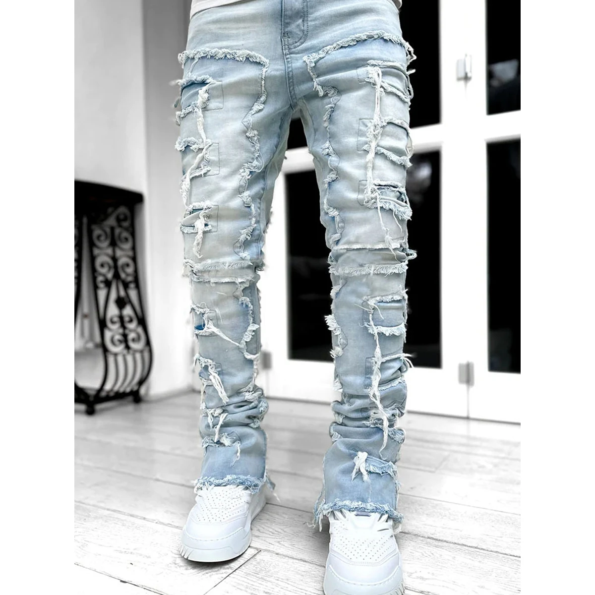 

Men's Regular Fit Stacked Y2K Jeans Patch Distressed Destroyed Straight Denim Long Pants Streetwear Clothes