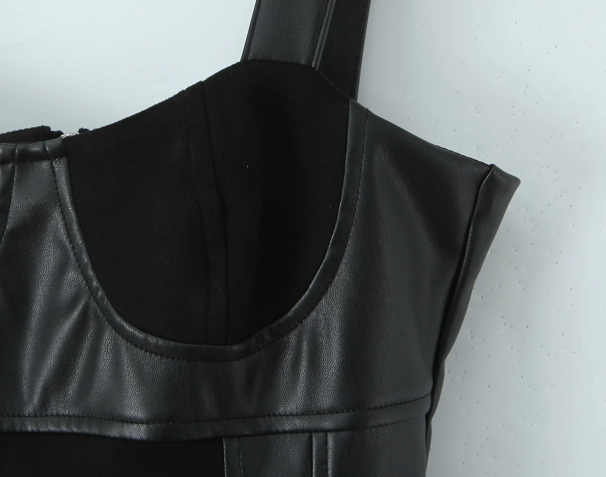 Sexy Corset style Low Waist Faux Leather Sling Dress Black Women Hem Ball Gown Swing Party Sleeveless Dresses Robe Vestido
