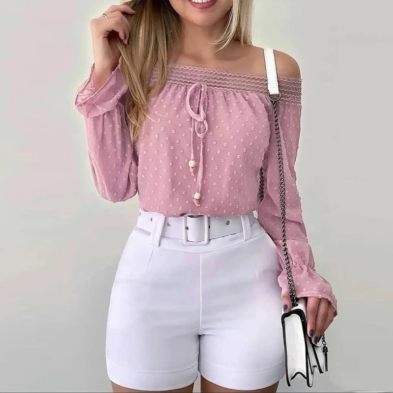 New Autumn Fall Off Shoulder Chiffon Blouse Women Shirt Casual Elegant Top Femme Swiss Dot Drawstring Tops Women\'s Clothing 2023